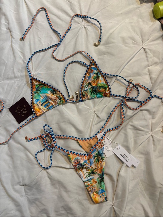 Bydee Other - Tropical Print Triangle Bikini Set - Blue & Orange